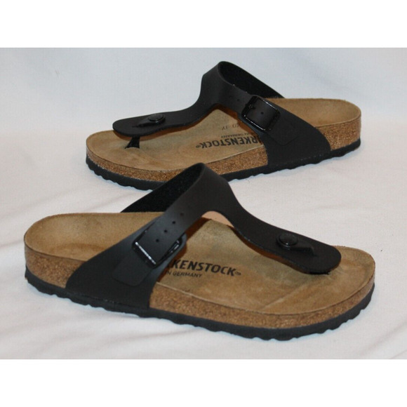 NIB BIRKENSTOCK UNISEX GIZEH BLACK BIRKO-FLOR LEATHER SANDALS NARROW FIT - Picture 3 of 7